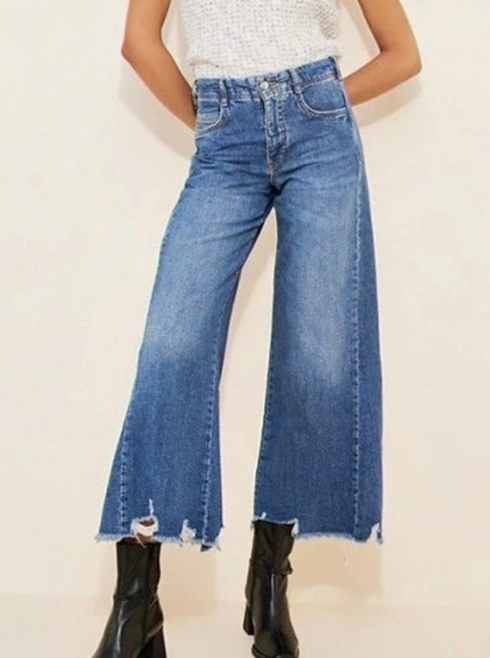 Pilcro The Adi Mid-Rise Frayed Relaxed Flare Jeans in Blue